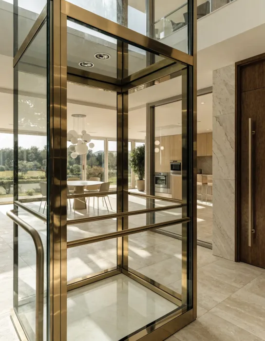Villa lift cabin with glass walls and brass frame