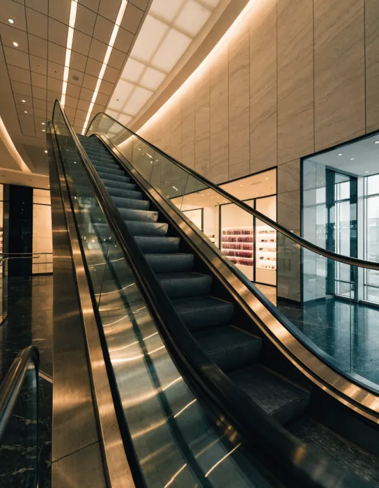 Mall escalator with glass balustrade and steel steps