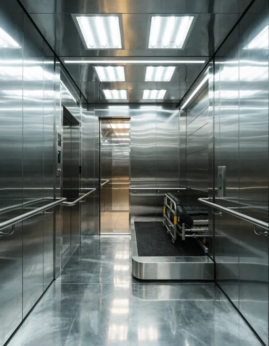Hospital bed elevator cabin, medical grade stainless