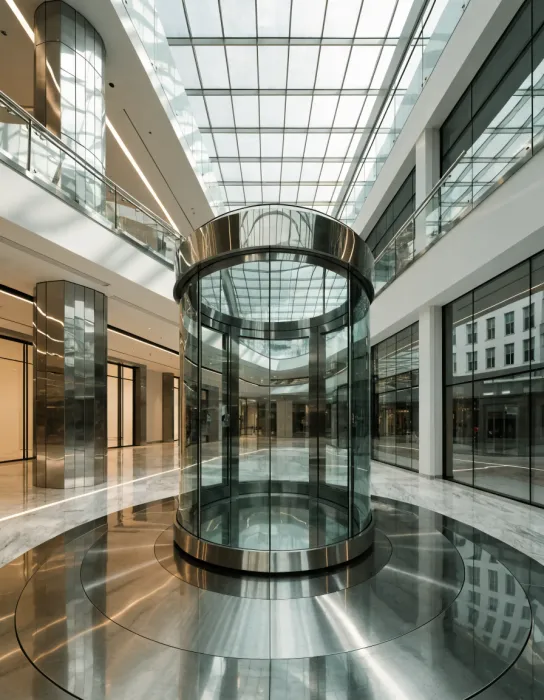 Full-round panoramic glass elevator in a shopping mall
